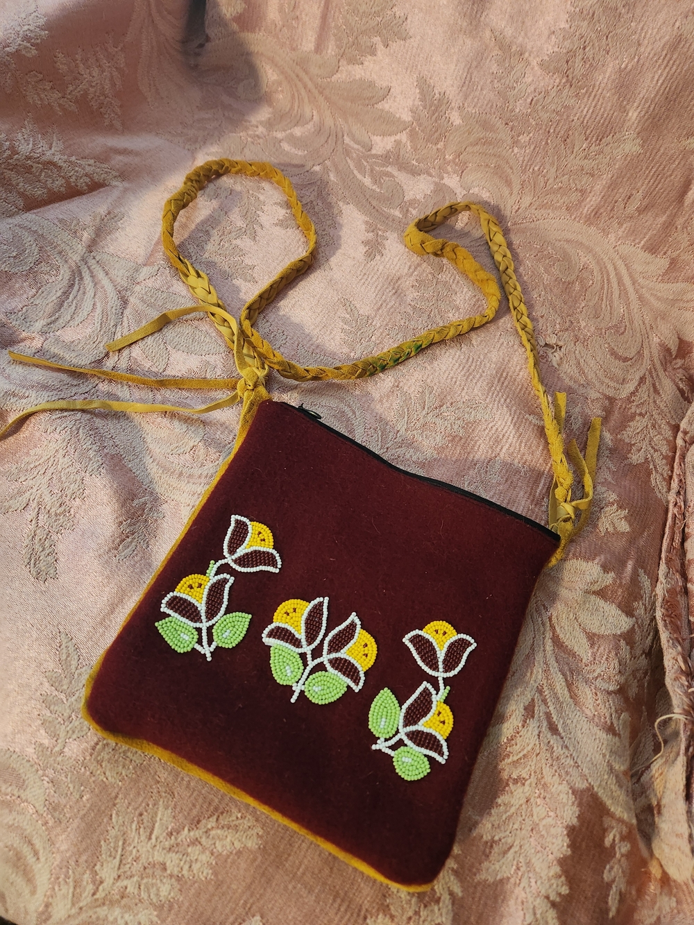 Embroidered Burgundy Crossbody Bag with Yellow Trim